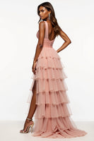 Load image into Gallery viewer, Pink A Line Tiered Long Tulle Prom Dress with Slit