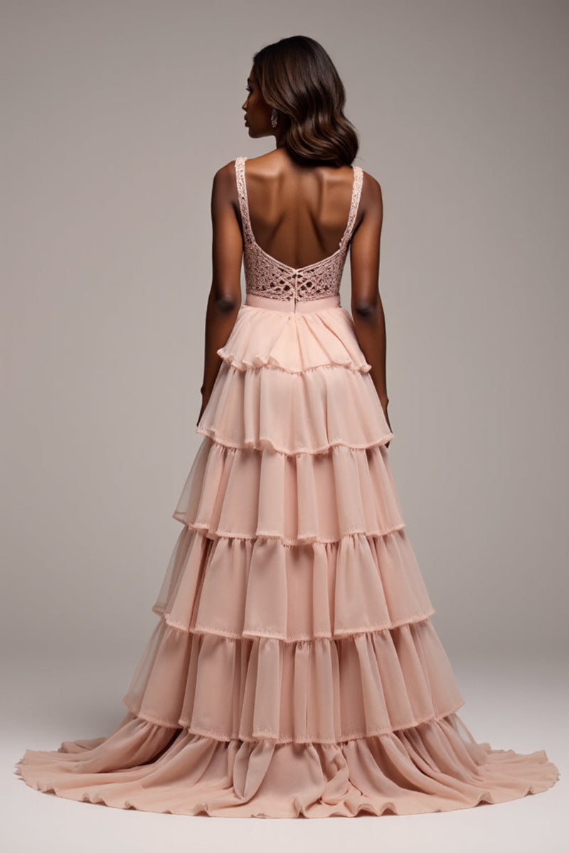Load image into Gallery viewer, Dusty Rose Tiered V-Neck Long Chiffon Prom Dress with Slit