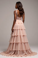 Load image into Gallery viewer, Dusty Rose Tiered V-Neck Long Chiffon Prom Dress with Slit
