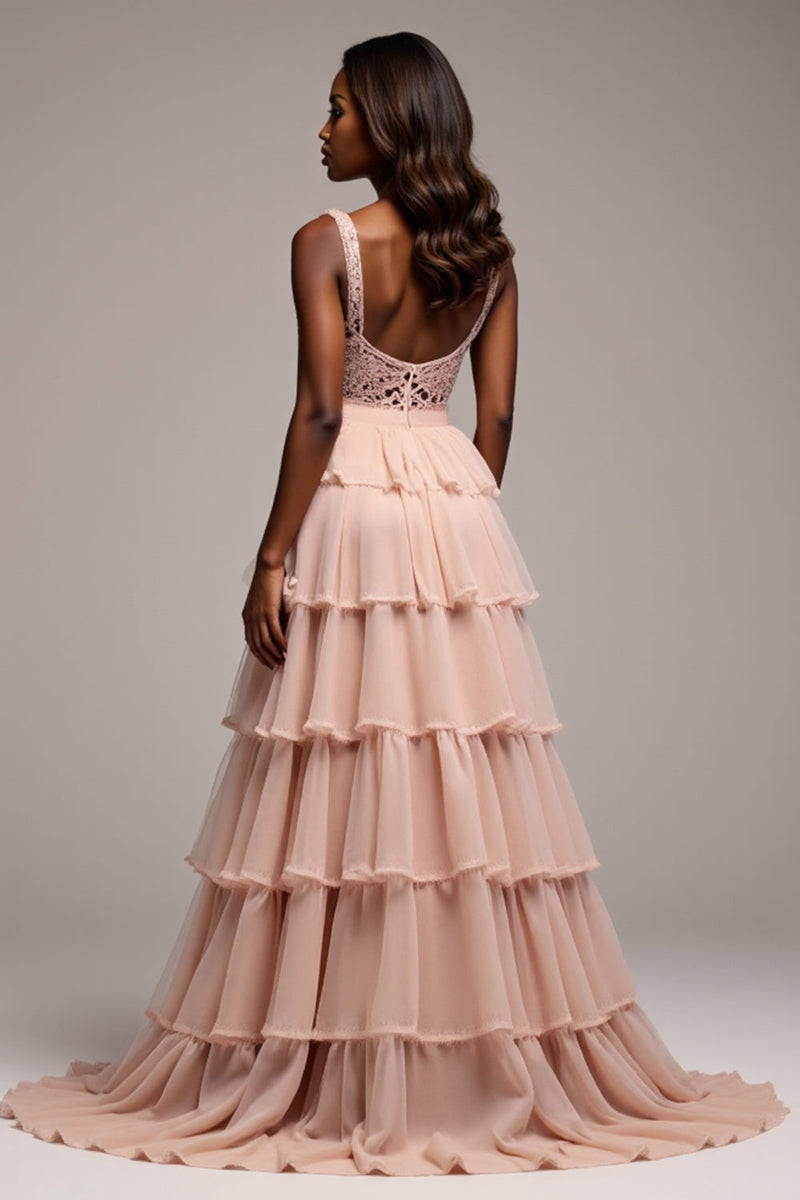 Load image into Gallery viewer, Dusty Rose Tiered V-Neck Long Chiffon Prom Dress with Slit