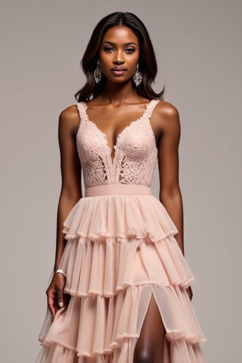 Load image into Gallery viewer, Dusty Rose Tiered V-Neck Long Chiffon Prom Dress with Slit