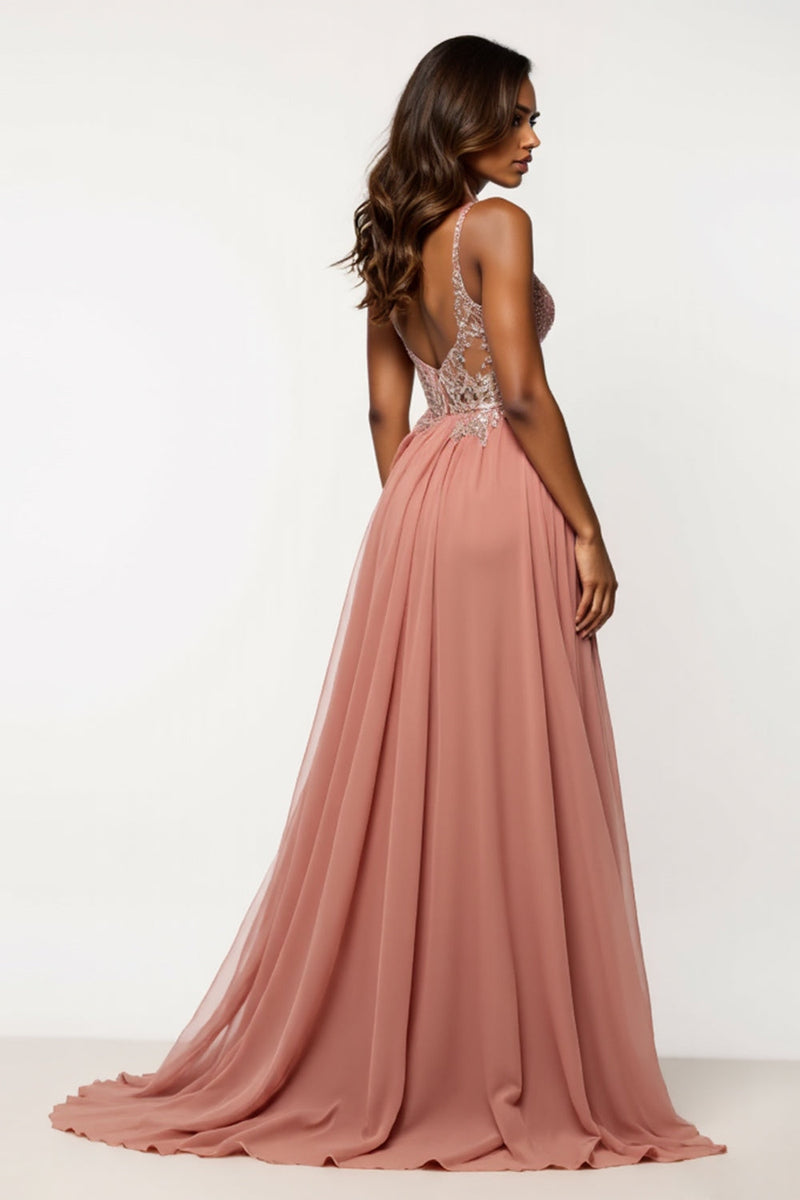 Load image into Gallery viewer, Dusty Rose A Line Chiffon V-Neck Long Prom Dress with Sequins