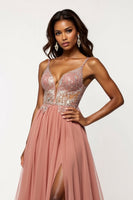 Load image into Gallery viewer, Dusty Rose A Line Chiffon V-Neck Long Prom Dress with Sequins