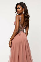 Load image into Gallery viewer, Dusty Rose A Line Chiffon V-Neck Long Prom Dress with Sequins