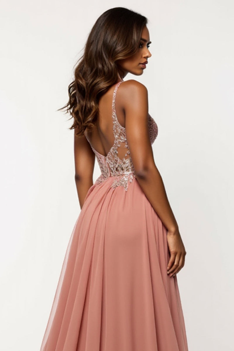 Load image into Gallery viewer, Dusty Rose A Line Chiffon V-Neck Long Prom Dress with Sequins