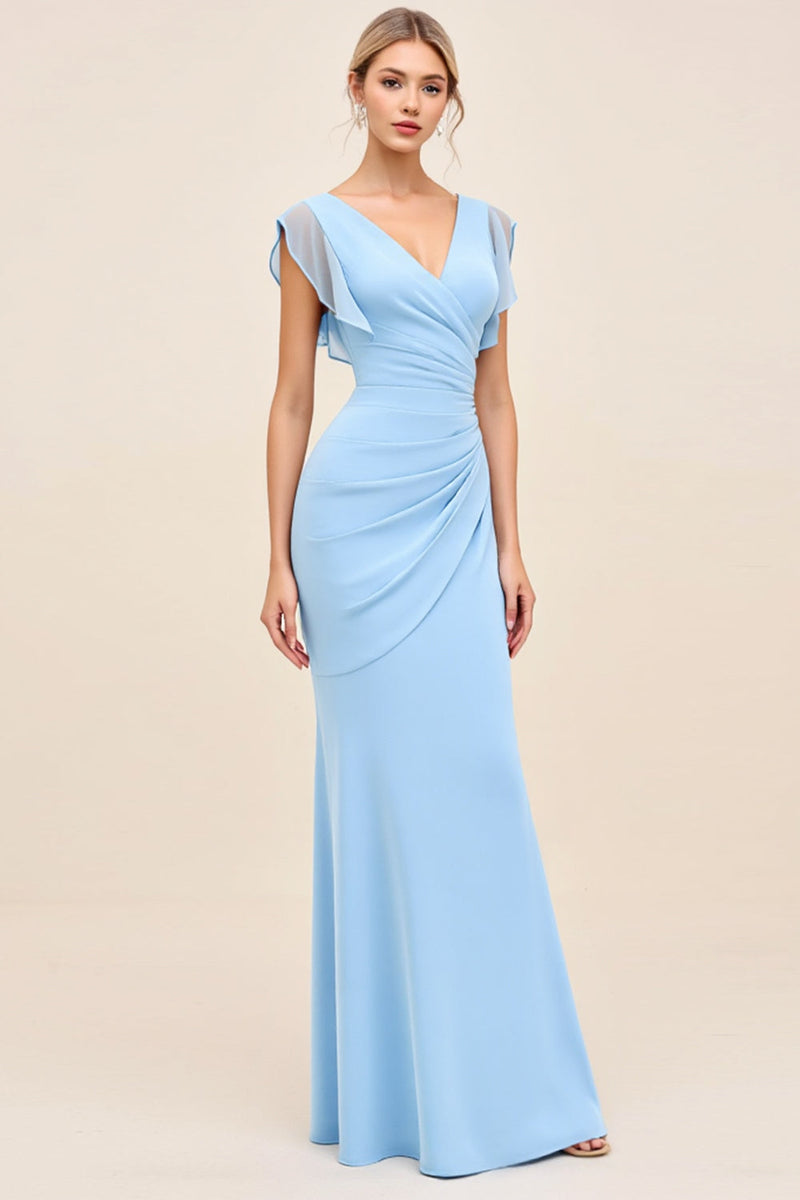 Load image into Gallery viewer, Sky Blue Maxi V Neck Sheath Ruched Bridesmaid Dress with Ruffles