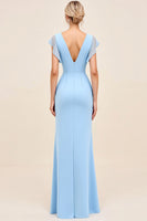 Load image into Gallery viewer, Sky Blue Maxi V Neck Sheath Ruched Bridesmaid Dress with Ruffles