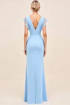 Sky Blue Maxi V Neck Sheath Ruched Bridesmaid Dress with Ruffles