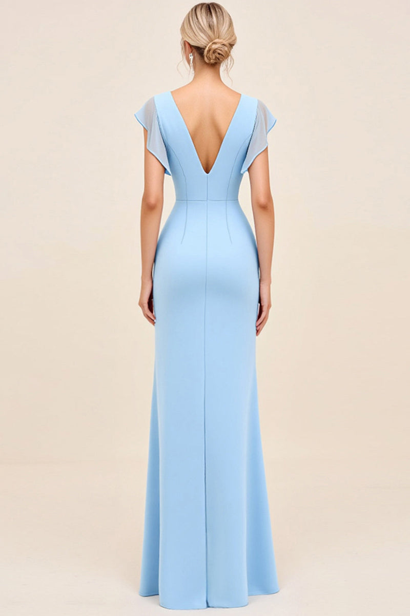 Load image into Gallery viewer, Sky Blue Maxi V Neck Sheath Ruched Bridesmaid Dress with Ruffles