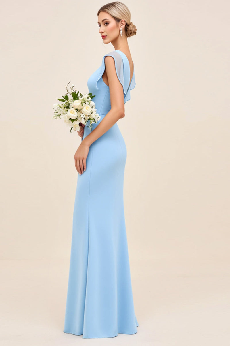 Load image into Gallery viewer, Sky Blue Maxi V Neck Sheath Ruched Bridesmaid Dress with Ruffles