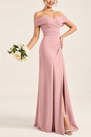 Load image into Gallery viewer, Blush Pink Sheath Off the Shoulder Maxi Bridesmaid Dress with Slit
