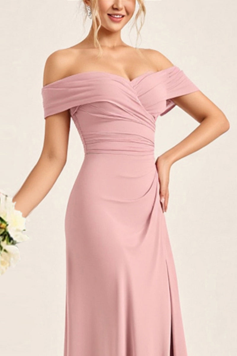Load image into Gallery viewer, Blush Pink Sheath Off the Shoulder Maxi Bridesmaid Dress with Slit