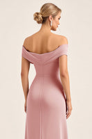 Load image into Gallery viewer, Blush Pink Sheath Off the Shoulder Maxi Bridesmaid Dress with Slit