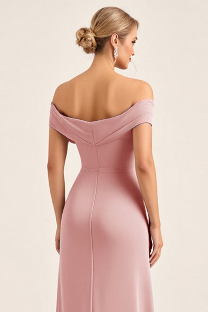 Load image into Gallery viewer, Blush Pink Sheath Off the Shoulder Maxi Bridesmaid Dress with Slit