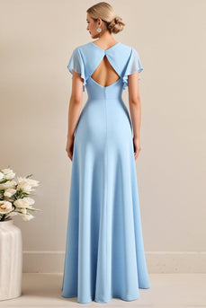 Sky Blue Sheath V Neck Maxi Bridesmaid Dress with Ruffles