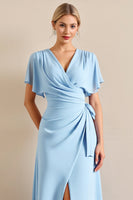 Load image into Gallery viewer, Sky Blue Sheath V Neck Maxi Bridesmaid Dress with Ruffles