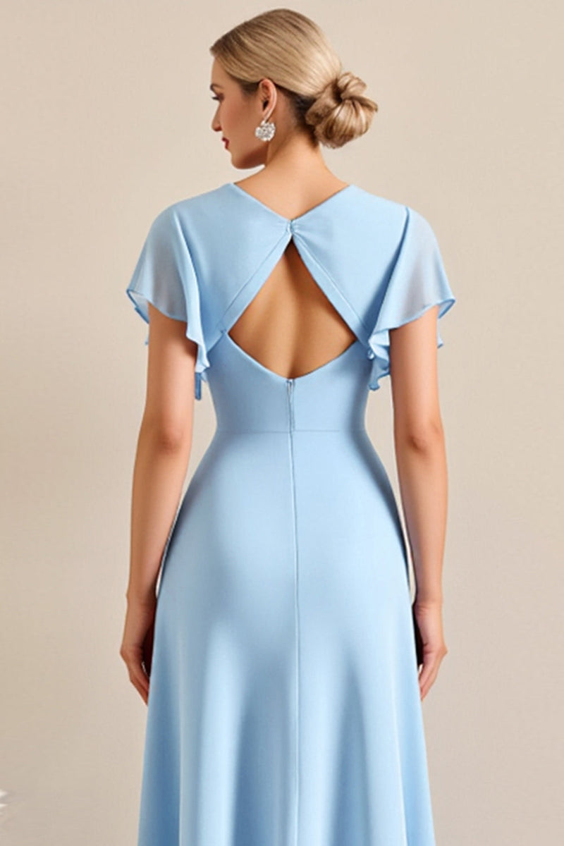 Load image into Gallery viewer, Sky Blue Sheath V Neck Maxi Bridesmaid Dress with Ruffles