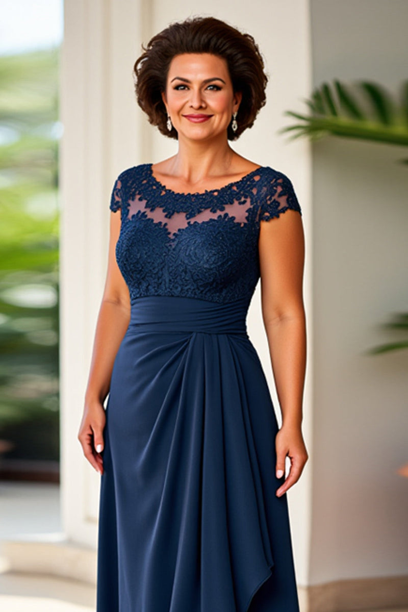 Load image into Gallery viewer, Navy Sheath Ruched Long Mother of the Bride Dress with Lace