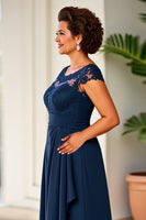 Load image into Gallery viewer, Navy Sheath Ruched Long Mother of the Bride Dress with Lace