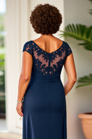 Load image into Gallery viewer, Navy Sheath Ruched Long Mother of the Bride Dress with Lace