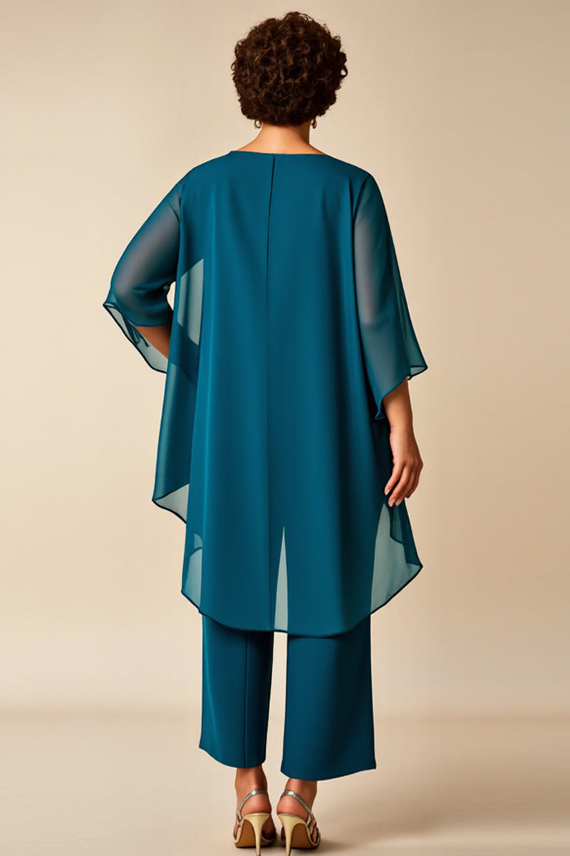 Load image into Gallery viewer, Peacock Chiffon Asymmetrical Jumpsuit Mother of the Bride Dress