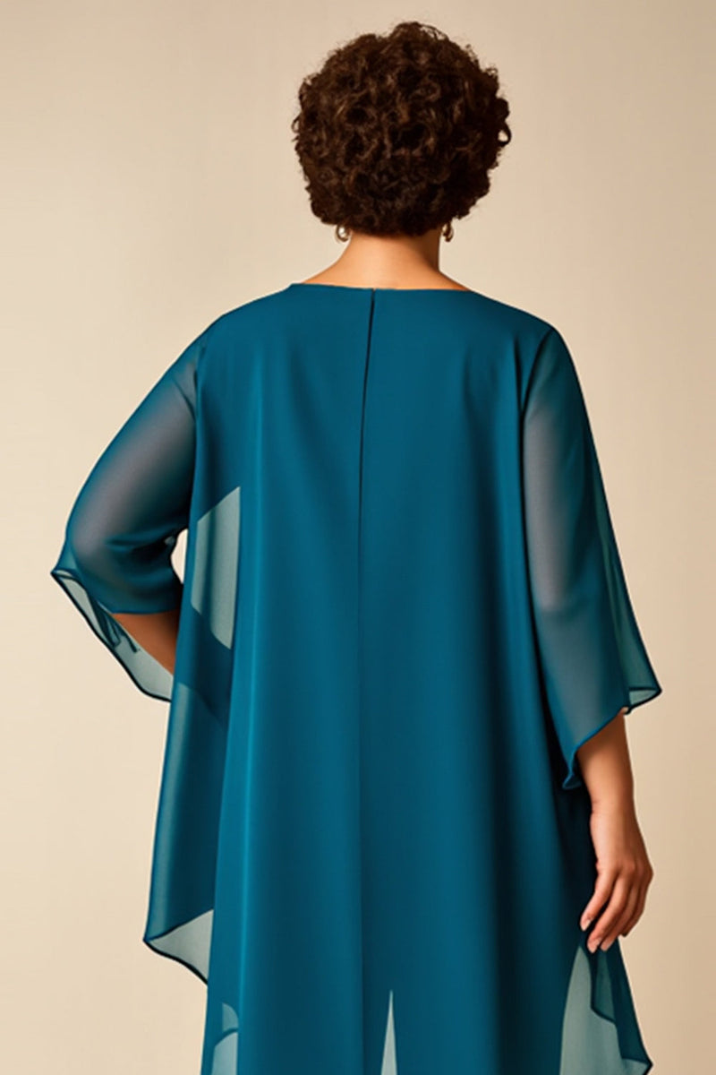 Load image into Gallery viewer, Peacock Chiffon Asymmetrical Jumpsuit Mother of the Bride Dress
