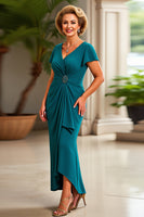 Load image into Gallery viewer, Peacock V Neck Ruched Maxi Sheath Mother of the Bride Dress with Ruffles