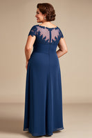 Load image into Gallery viewer, Navy Illusion Boat Neck Plus Size A Line Mother of the Bride Dress with Lace