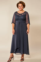Load image into Gallery viewer, Steel Grey Chiffon Illusion Boat Neck Mother of the Bride Dress with Appliques