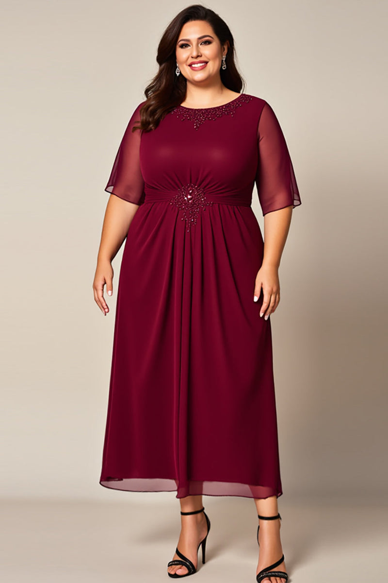 Load image into Gallery viewer, Burgundy Chiffon Boat Neck Plus Size Mother of the Bride Dress