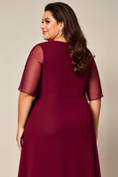 Load image into Gallery viewer, Burgundy Chiffon Boat Neck Plus Size Mother of the Bride Dress