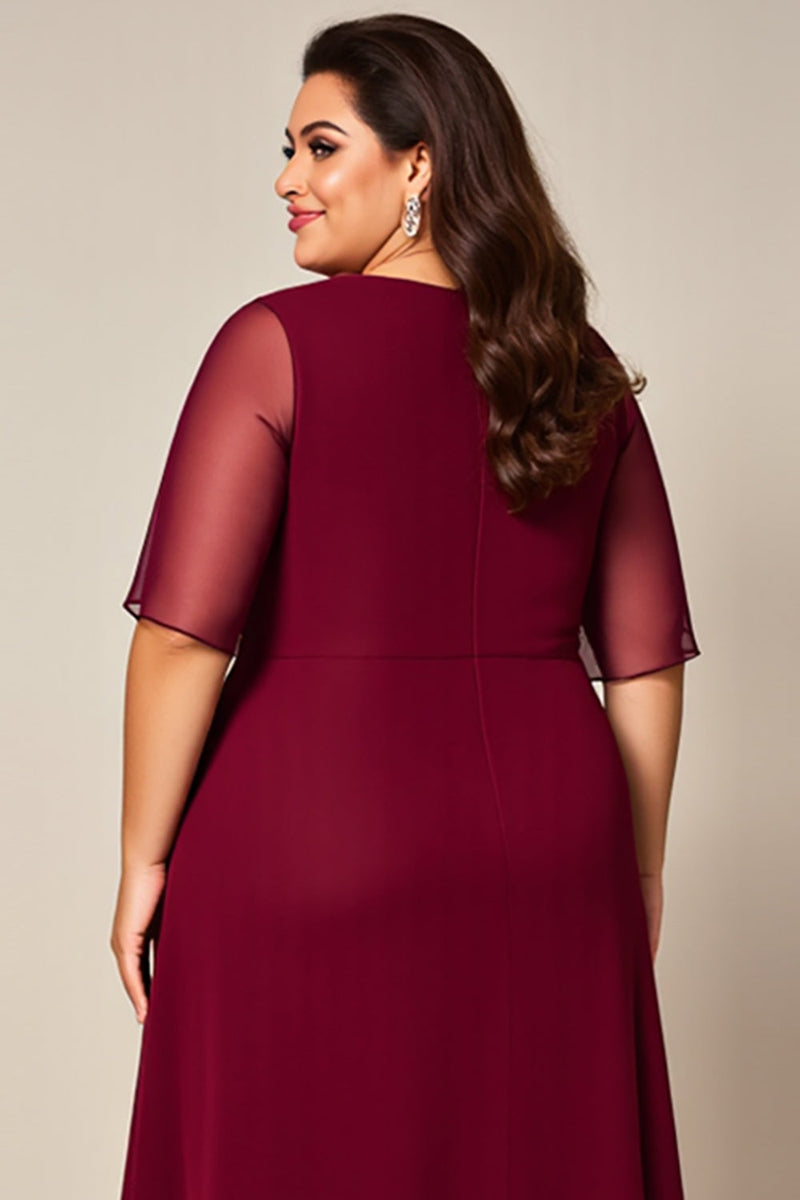 Load image into Gallery viewer, Burgundy Chiffon Boat Neck Plus Size Mother of the Bride Dress