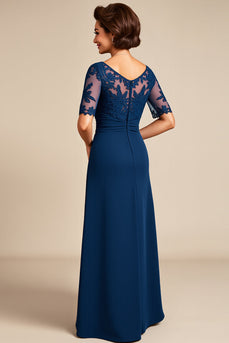 Navy Chiffon Appliqued A Line Mother of the Bride Dress