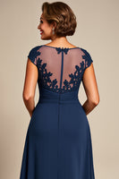 Load image into Gallery viewer, Navy Chiffon Appliqued Illusion Boat Neck Mother of the Bride Dress