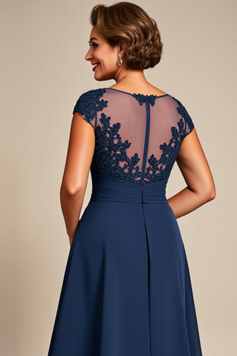 Load image into Gallery viewer, Navy Chiffon Appliqued Illusion Boat Neck Mother of the Bride Dress