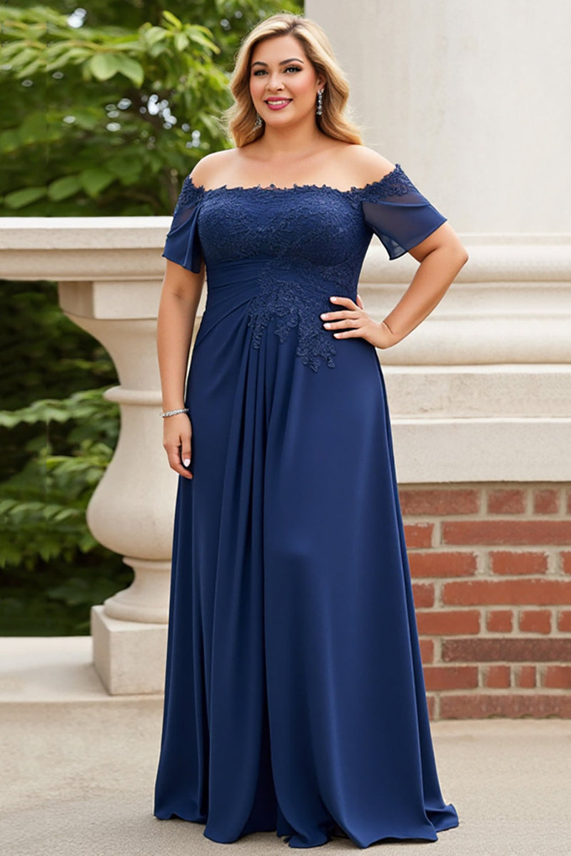 Load image into Gallery viewer, Navy Off the Shoulder Plus Size Appliqued Chiffon Mother of the Bride Dress