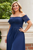 Load image into Gallery viewer, Navy Off the Shoulder Plus Size Appliqued Chiffon Mother of the Bride Dress