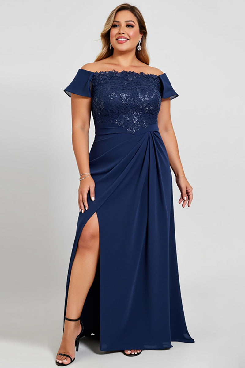 Load image into Gallery viewer, Navy Plus Size Off the Shoulder Chiffon Mother of the Bride Dress with Slit