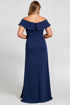 Navy Plus Size Off the Shoulder Chiffon Mother of the Bride Dress with Slit