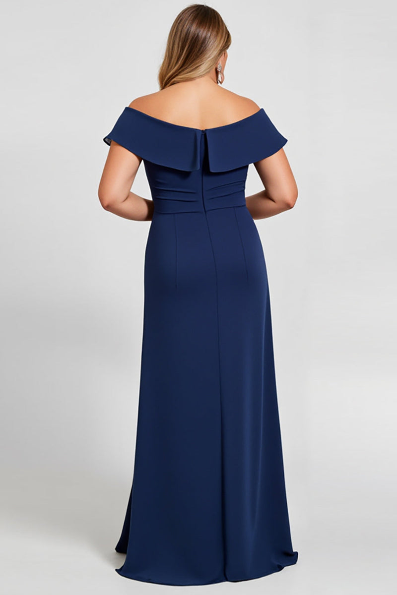 Load image into Gallery viewer, Navy Plus Size Off the Shoulder Chiffon Mother of the Bride Dress with Slit