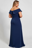 Load image into Gallery viewer, Navy Plus Size Off the Shoulder Chiffon Mother of the Bride Dress with Slit