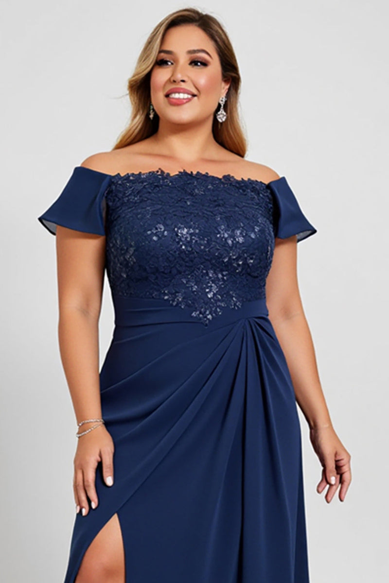 Load image into Gallery viewer, Navy Plus Size Off the Shoulder Chiffon Mother of the Bride Dress with Slit