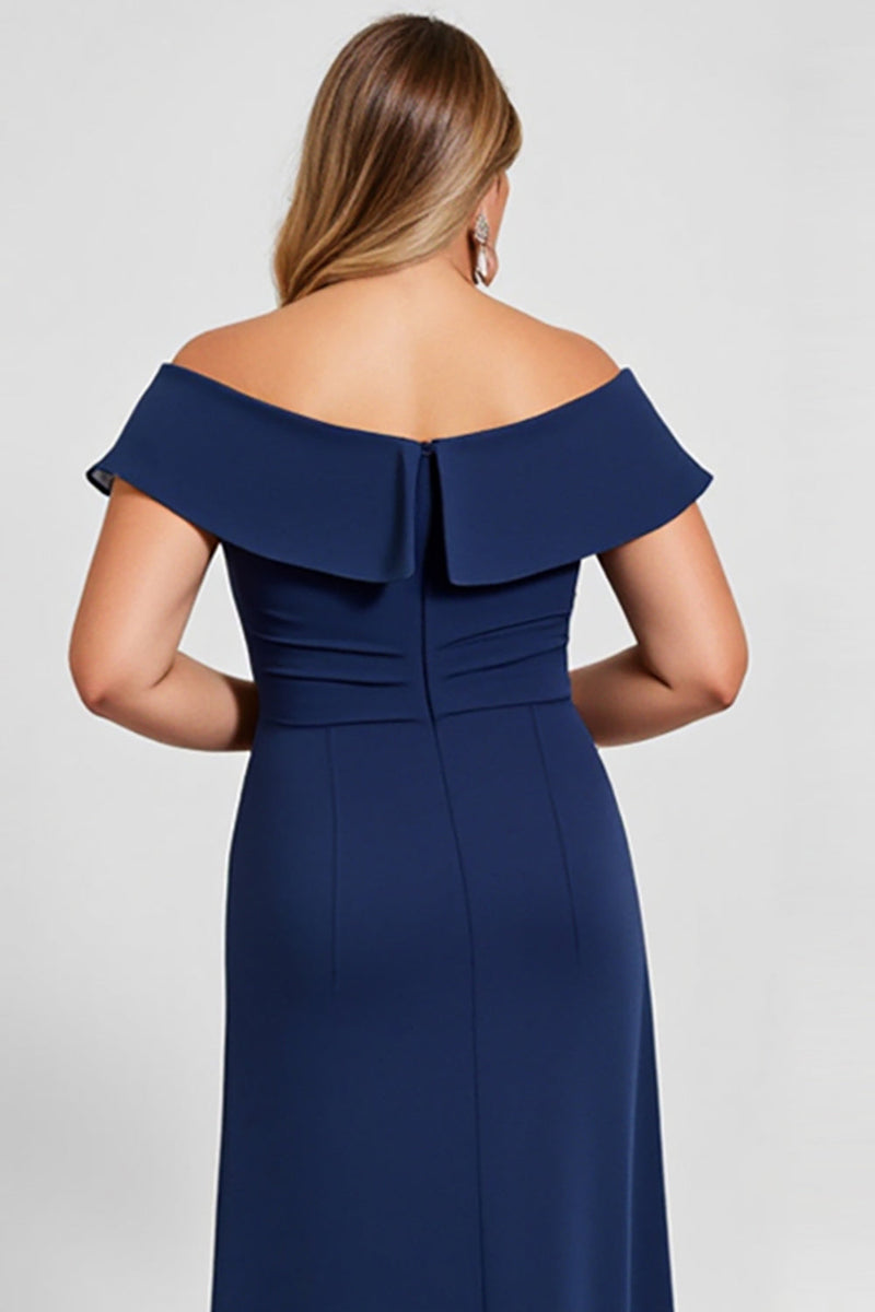 Load image into Gallery viewer, Navy Plus Size Off the Shoulder Chiffon Mother of the Bride Dress with Slit