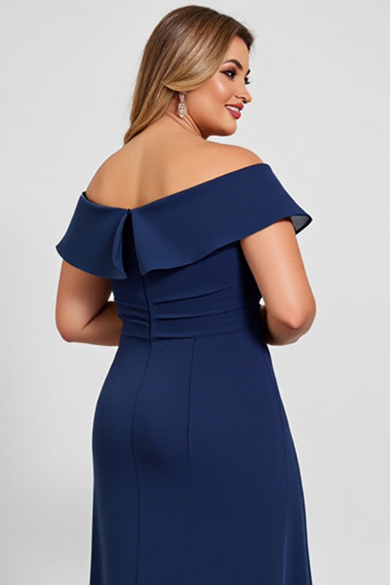 Load image into Gallery viewer, Navy Plus Size Off the Shoulder Chiffon Mother of the Bride Dress with Slit