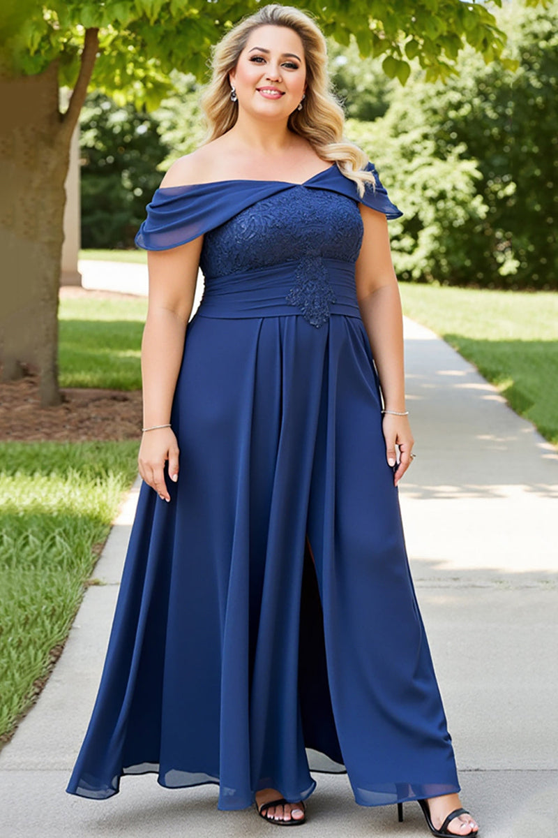 Load image into Gallery viewer, Navy Plus Size Appliqued Off the Shoulder Chiffon Mother of the Bride Dress