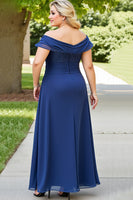 Load image into Gallery viewer, Navy Plus Size Appliqued Off the Shoulder Chiffon Mother of the Bride Dress