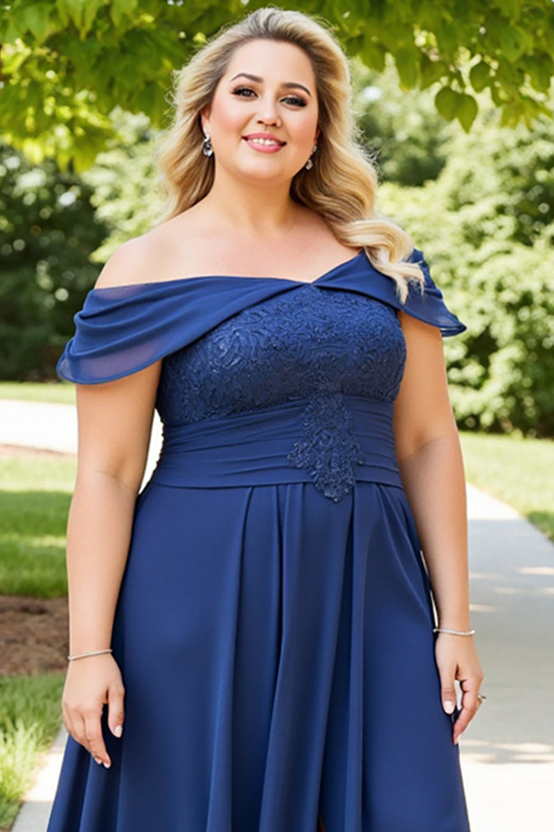 Load image into Gallery viewer, Navy Plus Size Appliqued Off the Shoulder Chiffon Mother of the Bride Dress