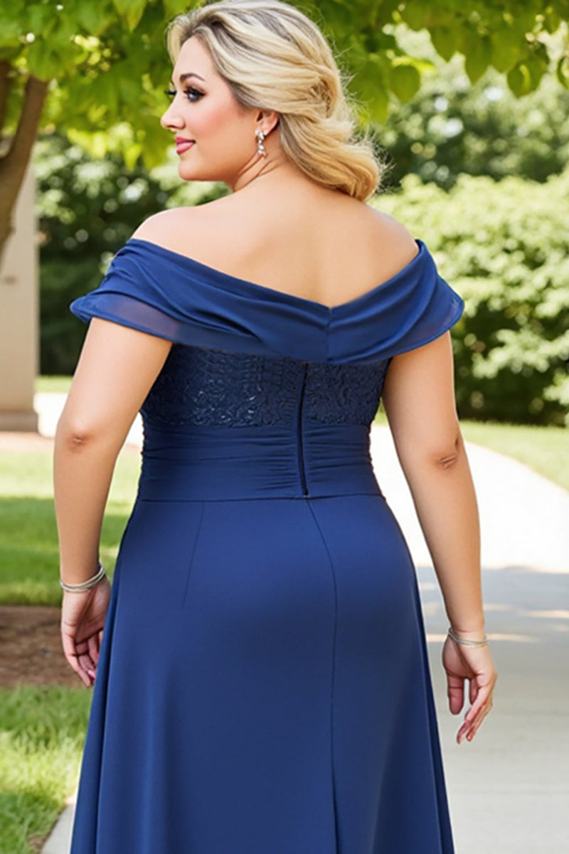 Load image into Gallery viewer, Navy Plus Size Appliqued Off the Shoulder Chiffon Mother of the Bride Dress