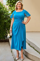 Load image into Gallery viewer, Blue Chiffon Sheath Plus Size Mother of the Bride Dress with Ruffles