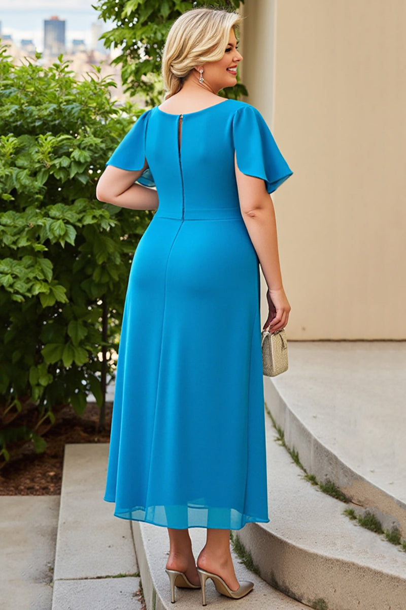 Load image into Gallery viewer, Blue Chiffon Sheath Plus Size Mother of the Bride Dress with Ruffles